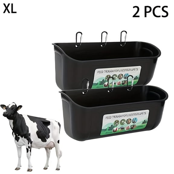 2-Pack Hanging Poultry Feeder & Waterer Set - Plastic Clip-On Trough for Chickens, Ducks, Piglets, Sheep & Calves, Multi-Use Livestock Container for Fences/Coops, Black Farm Feeding Buckets
