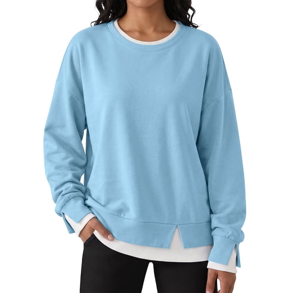 SEROYE Women's Faux Layered Sweatshirts Oversized Crewneck Long Sleeve Pullover Solid Casual Fall Tops Comfy Wear (L, Blue)