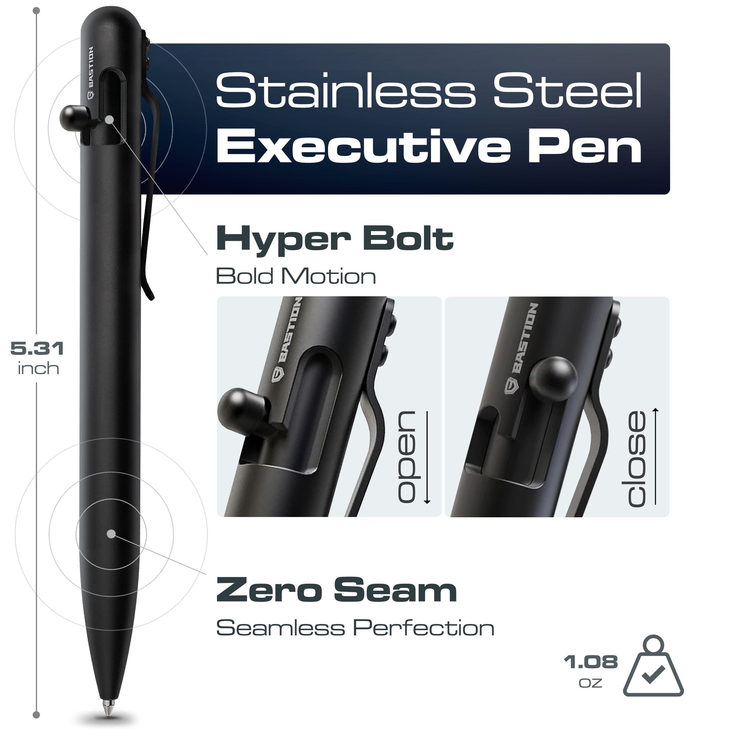 Bastion Stainless Steel Bolt Action Pen, Jet Black, Ballpoint Refillable, 1 Count