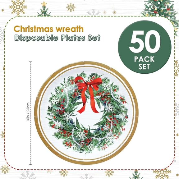 YUYAN-10" Christmas Party Paper Plates Set 50 Count Large Disposable Dinner Plates for Holiday, Merry Christmas