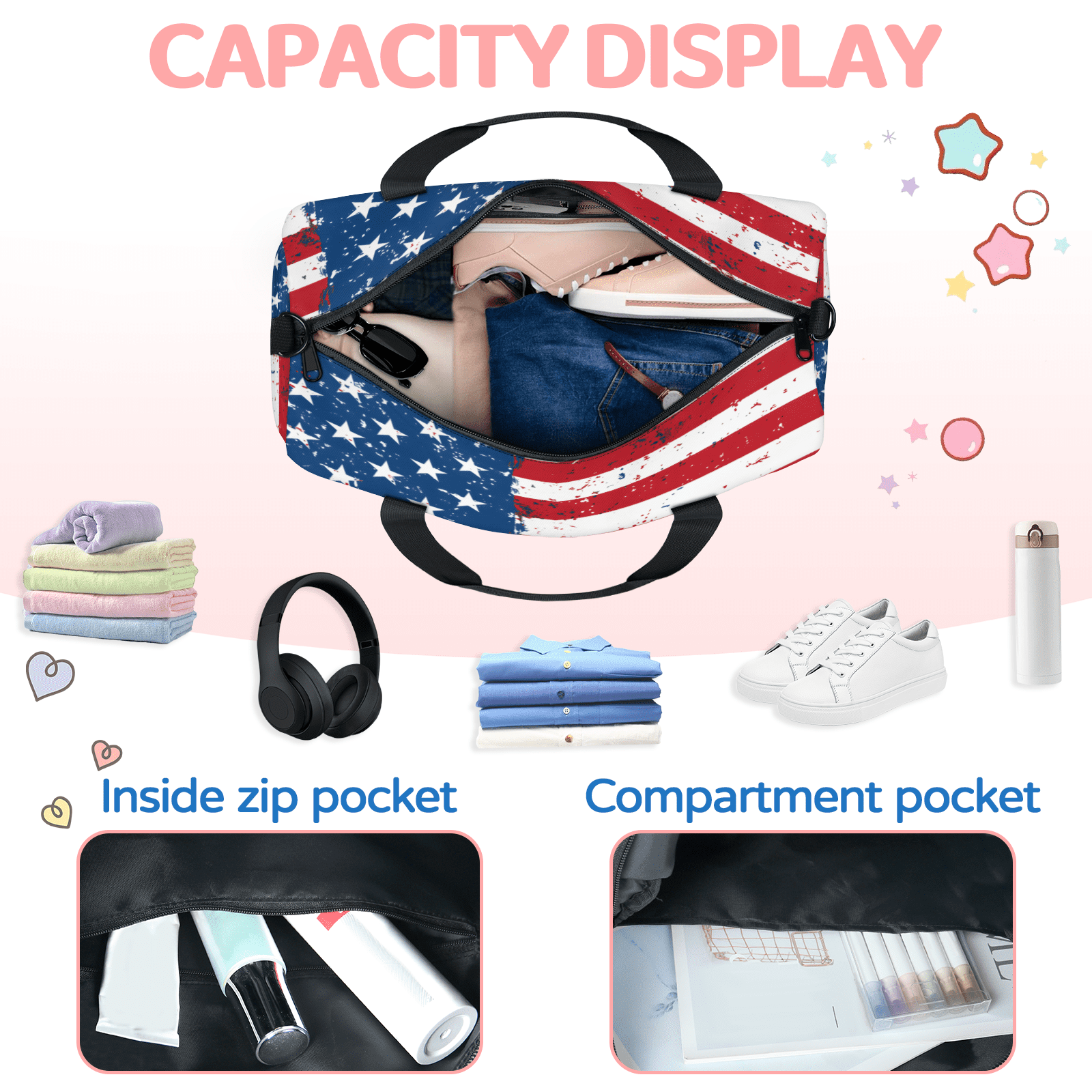 Herdesigns USA Flag Travel Duffle Bag Sports Yoga Weekender Overnight Carry on Workout Bags Lightweight Waterproof Gym Tote Bag for Women Vintage USA 4th of July