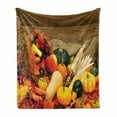thumbnail image 1 of Harvest Soft Flannel Fleece Blanket, Thanksgiving Related Foods Scattered on Wooden Table Vegetables Fruits, Cozy Plush for Indoor and Outdoor Use, 70" x 90", Vermilion Brown Green, by Ambesonne, 1 of 6