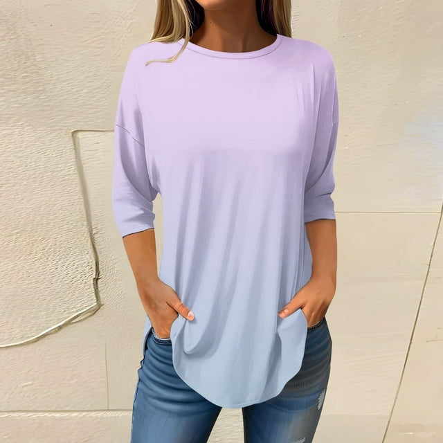 Hauts pour Femmes Violets Manches 3/4 Hauts pour Femmes Printemps 2025 Tunique Imprimée Décontractée T-Shirts Trois Quarts Hauts pour Femmes