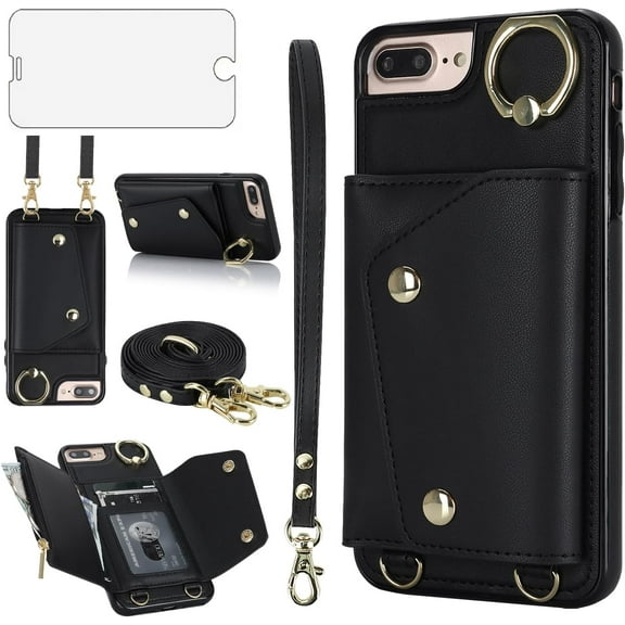 Phone Case for iPhone 7plus 8plus 7/8 Plus Wallet Cover with Screen Protector Ring Stand Card Holder Slot Crossbody Strap Lanyard Leather Cell i Phone7s 7s 7 8s 8 Phones8 7p 8p Women Girls Black