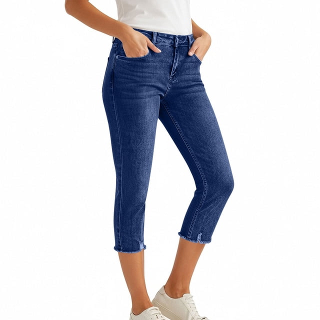 TaTaai Women Mid Waist Solid Denim Capri Pants Summer Stretch Casual Pockets Ladies Fitness Daily Lounge Wear Soft Stretchy No Fading Versatile Comfortable Bottoms Gift