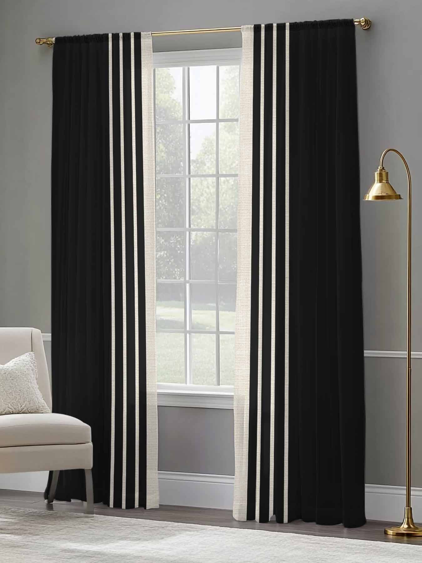 Black Stripe Line Chiffon Sheer Curtains 84 Inches Long, Retro Linen 2 Rod Pocket Window Treatment Voile Drapes Curtains for Living Room Bedroom,2 Panels, 52x84In