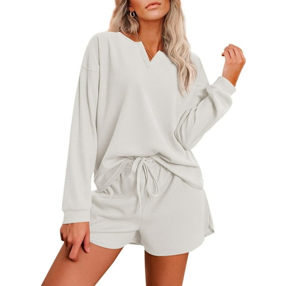 Ekouaer Pajama Set for Women Waffle Knit Lounge Sets Long Sleeve Top and Shorts Sleepwear Matching Loungewear