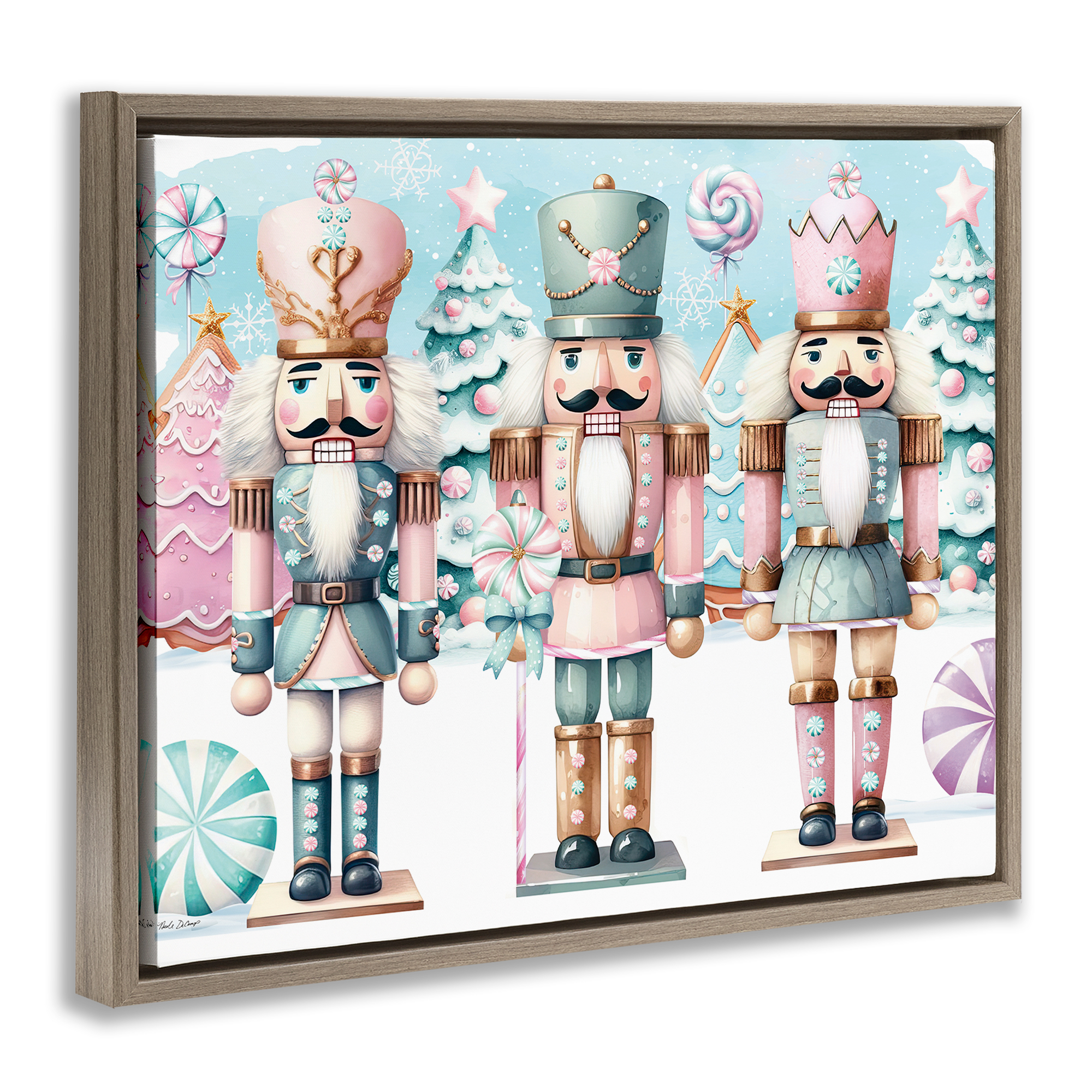 Stupell Industries Pastel Nutcracker Trio Holiday Painting Brown Floater Framed Art Print Wall Art, 21 x 17