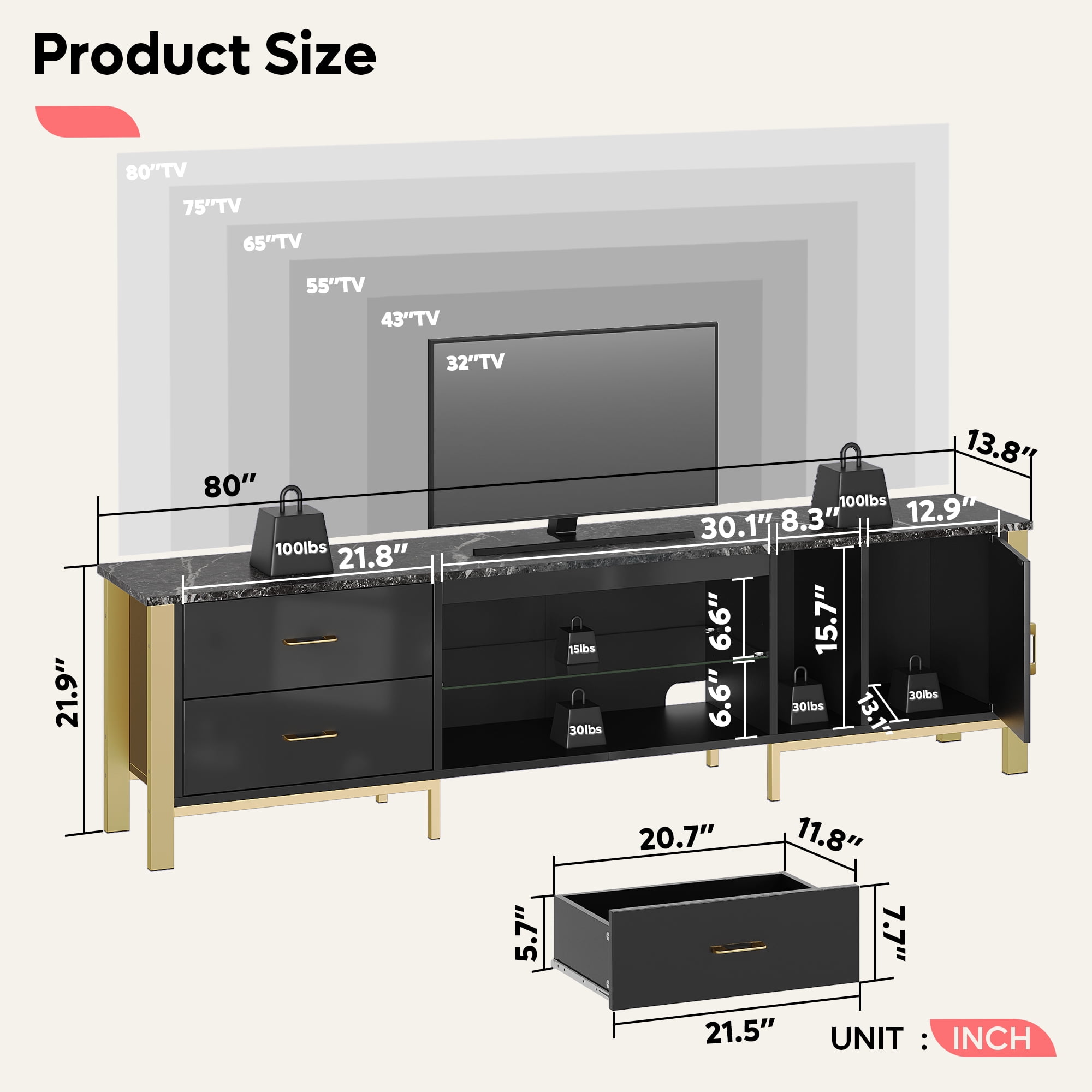 Bestier 80" Modern TV Stand LED Entertainment Center High Gloss Console Table for TVs up to 85" with Storage Cabinet and Drawers, Black