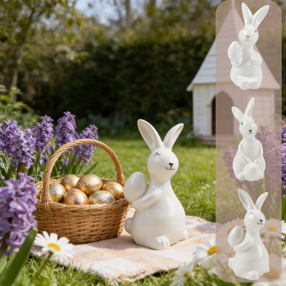 Ceramic White Easter Bunny Figurine With Egg - Spring Tabletop Home Decor Ornament, Bunny Collectible Statue for Living Room Shelf, Bedroom Dresser, and Easter Holiday Accents, 5*3*2in, White