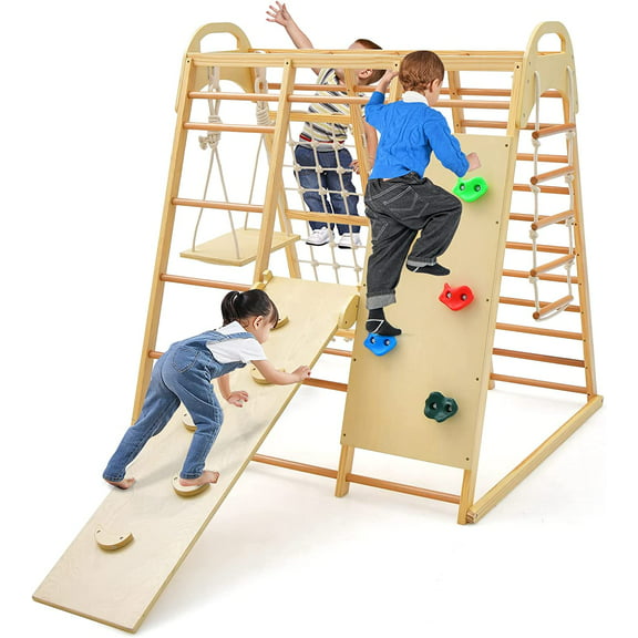OLAKIDS 8 in 1 Climbing Toys for Toddlers, Kids Wood Montessori Climber Playset with Slide Swing Climbing Net Monkey Bars Rope Ladder, Indoor Outdoor Playground Jungle Gym for Boys Girls