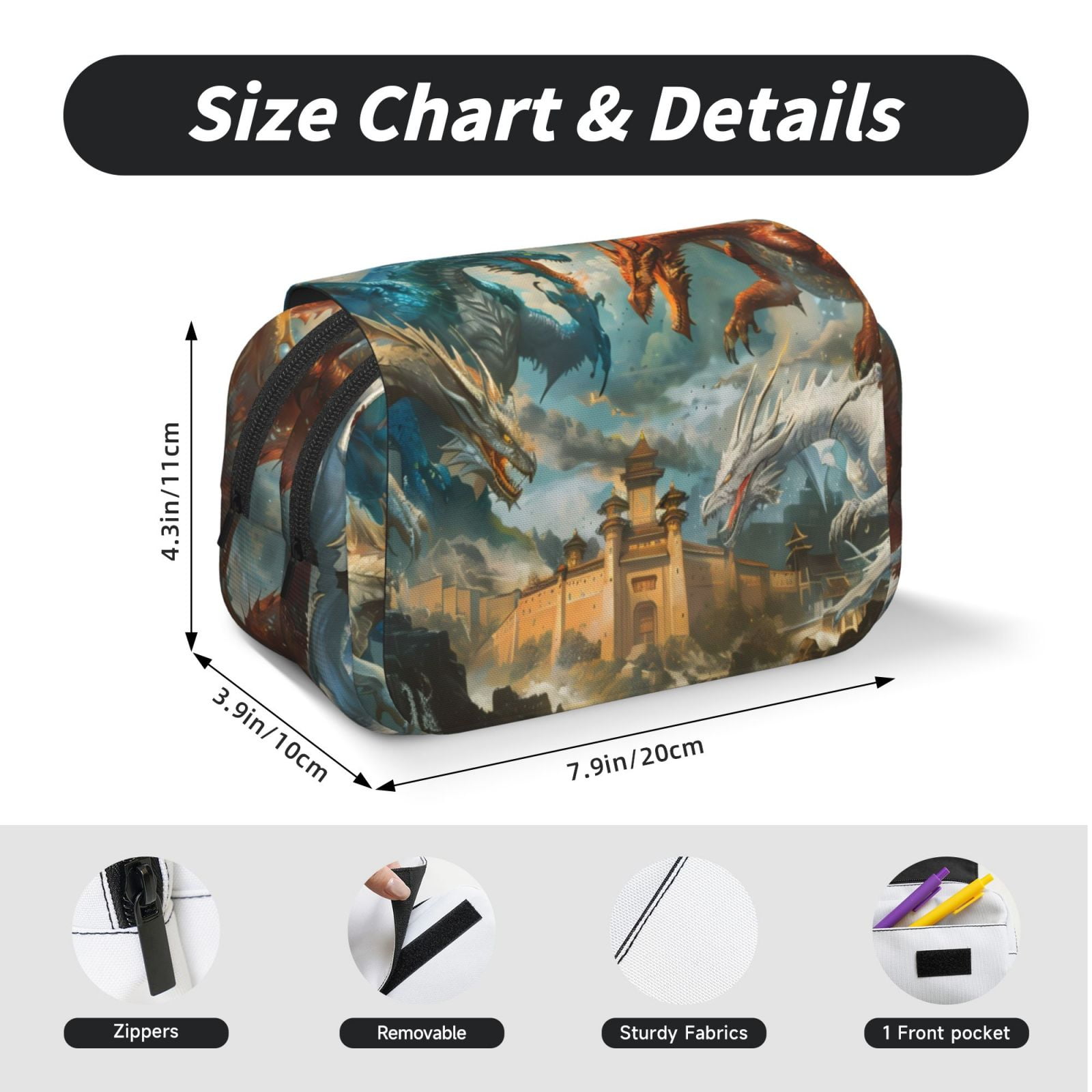 Rateoe Red Blue Dragon Battle Epic Pattern Double Clamshell Pen Case, Storage Organizer with Two Zipper Compartments– Holds Up to 50 Pencils & Pens