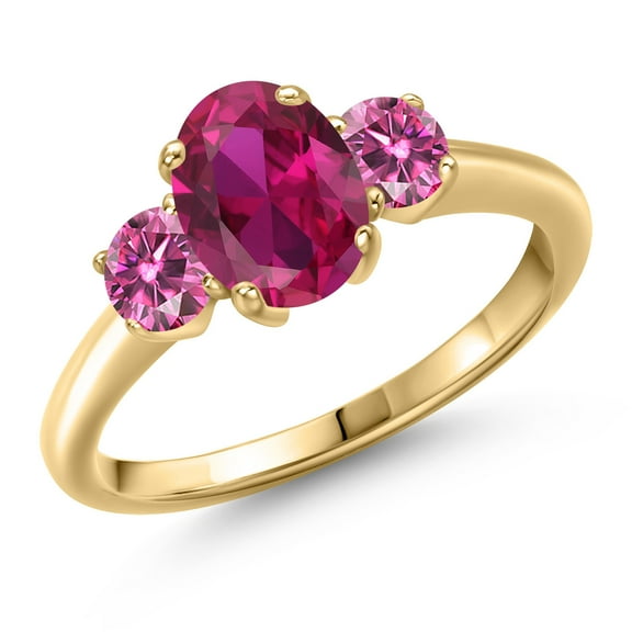 Gem Stone King 10K Yellow Gold Red Created Ruby and Pink Moissanite Engagement Ring for Women | 1.81 Cttw | Oval 8X6MM | Gemstone July Birthstone | Size 6