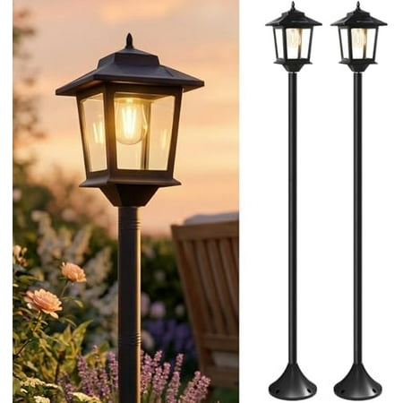 Outdoor Solar Post Lights, 2-Pack 63" Dusk to Dawn Solar Lamp Posts, Waterproof Floor Lamps, Warm White Pole Lights for Patio with Replaceable Bulb
