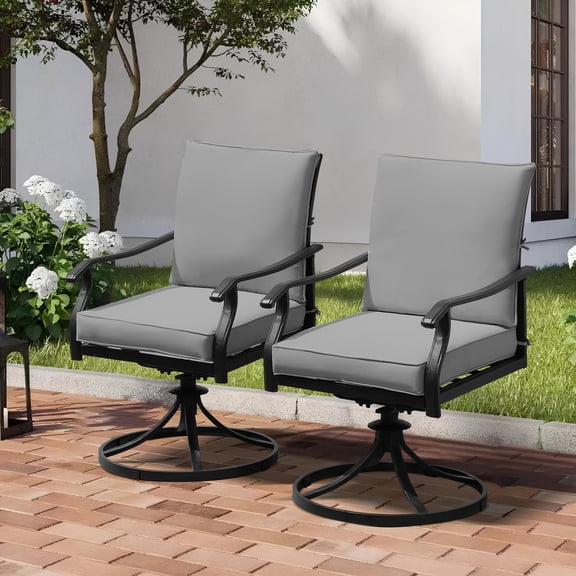 2 Pieces Patio Swivel Chair, All-Weather Swivel Rocker Chair with Armrests & Cushion, Heavy Duty Outdoor Dining Chairs, Wrought Iron Outdoor Chairs for Garden, Balcony, Deck (2 Pieces, Gray Cushion)