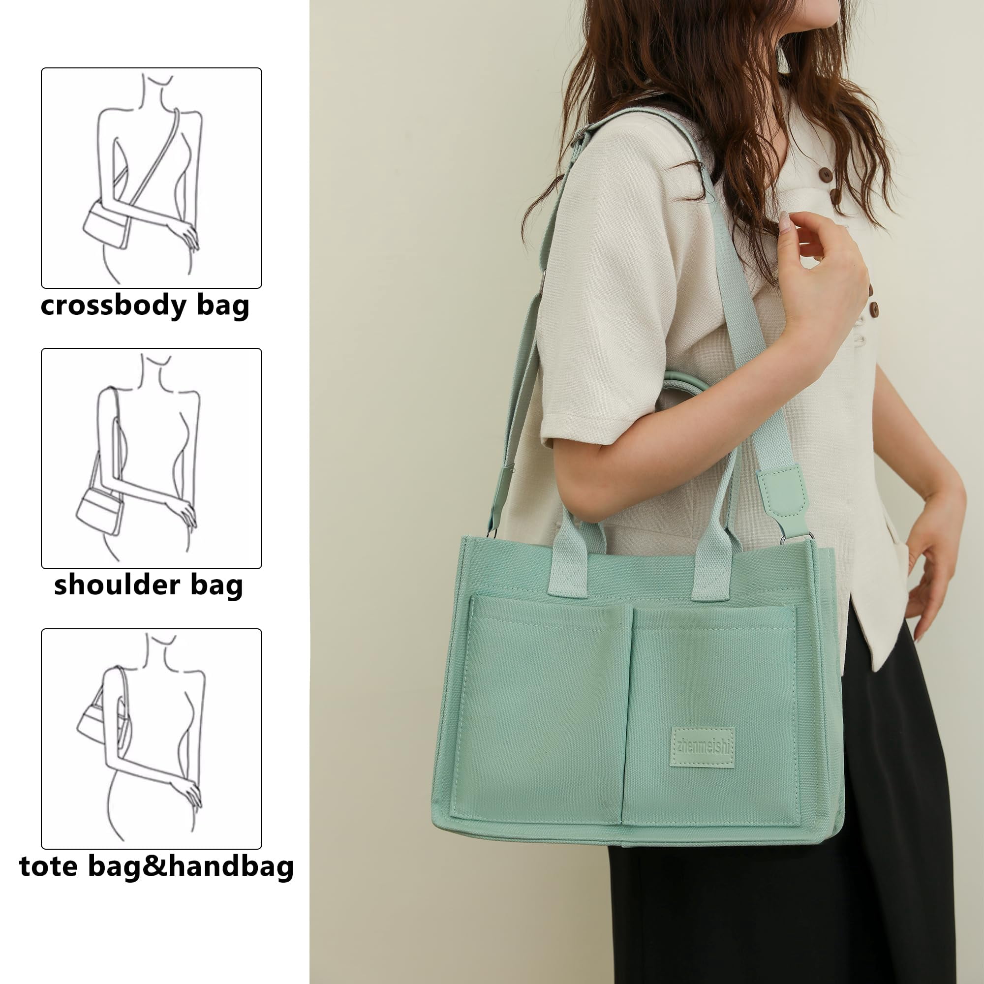 AOUNQ Canvas Tote Bag for Women Trendy Purse and Handbags Work Tote Bags with Pockets Crossbody Satchel Bag,Green