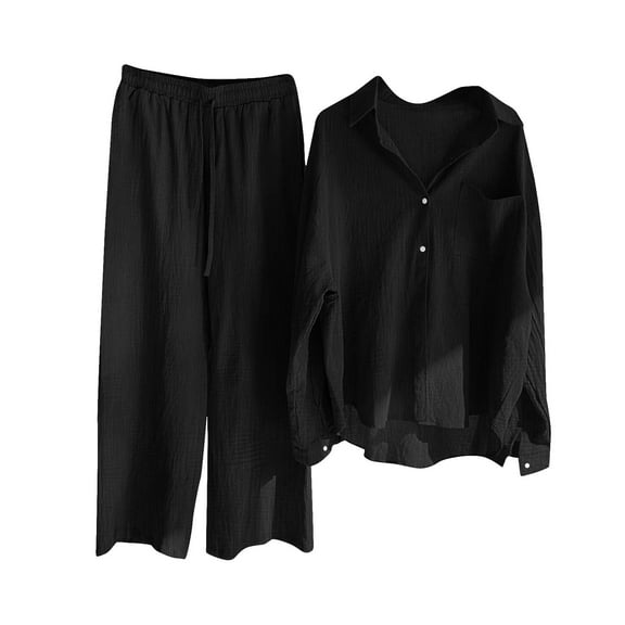 Two-Piece Sweat Set Women's 2 Piece Beach Vacation Outfits Long Sleeve Button Shirts and Loose Long Pants Summer Casual Loungewear Solid Color Sets Black XXL
