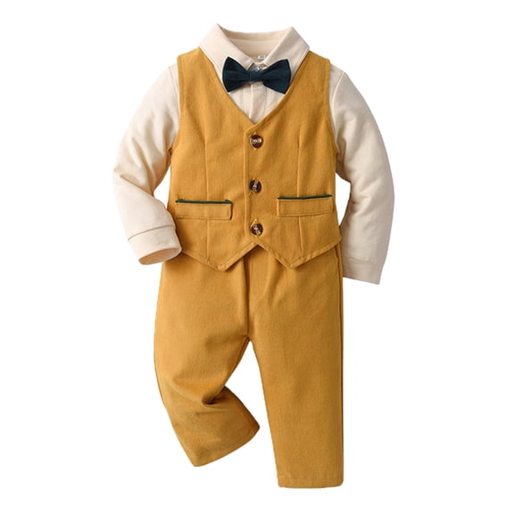 Karoyedx Baby Suit Baby Boy Clothes Outfit Suit Long Sleeve Gentleman Tuxedo Vest Wedding Birthday Party Suit Yellow Size,6-9 Months