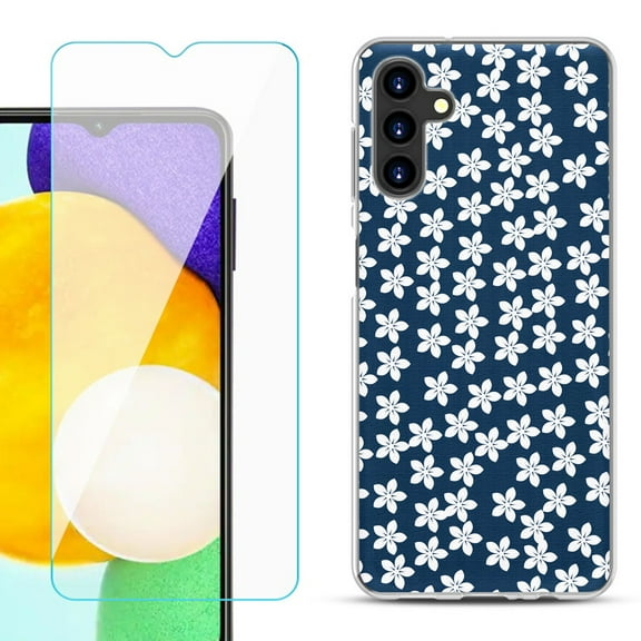 Slim-Fit TPU Fashion Phone Case for Samsung Galaxy A13 5G, with Tempered Glass Screen Protector, by OneToughShield ® - Flower/Blue
