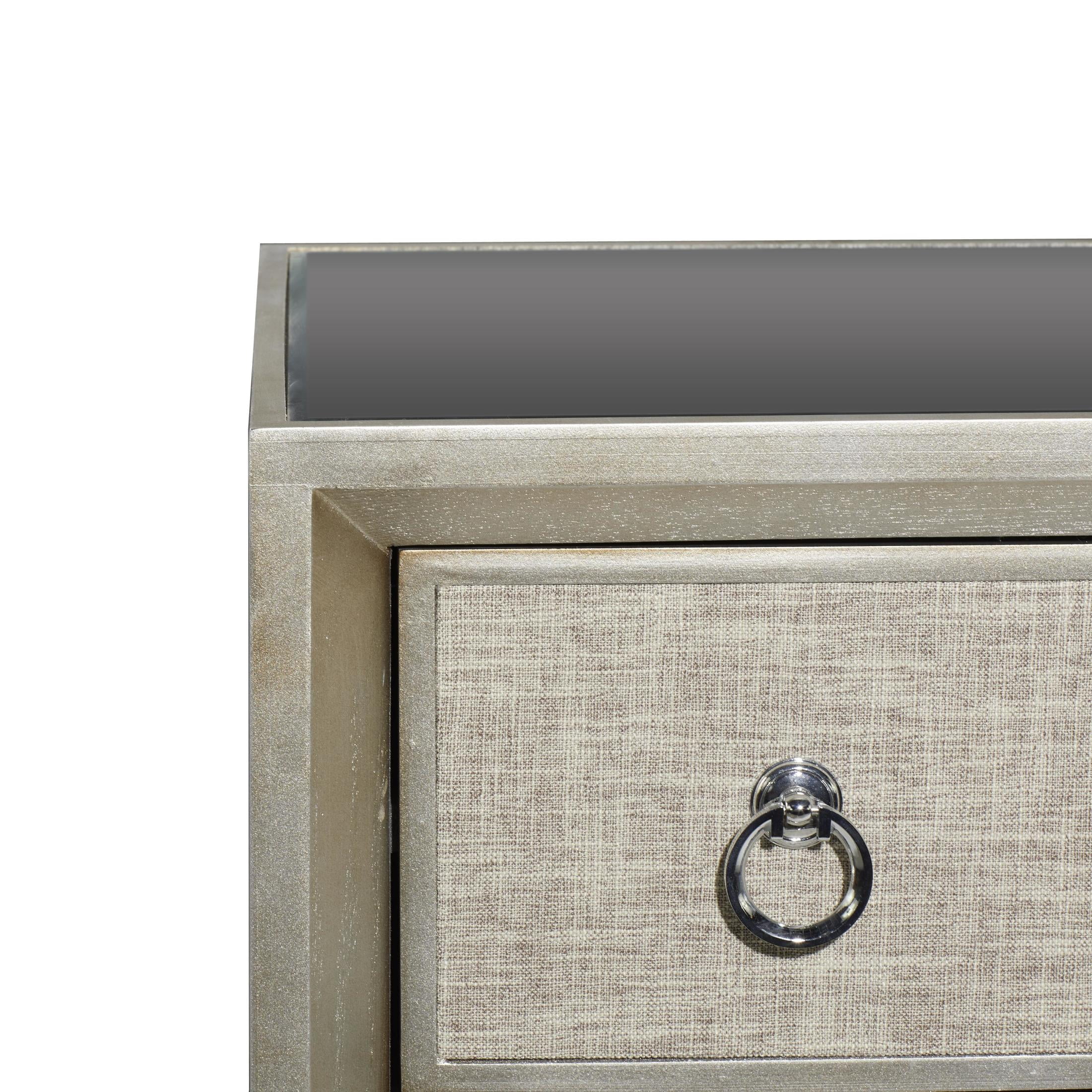 DecMode 32" x 32" Beige Wooden Upholstered Front Panel 3 Drawer Chest with Mirrored Top and Ring Handles, 1-Piece