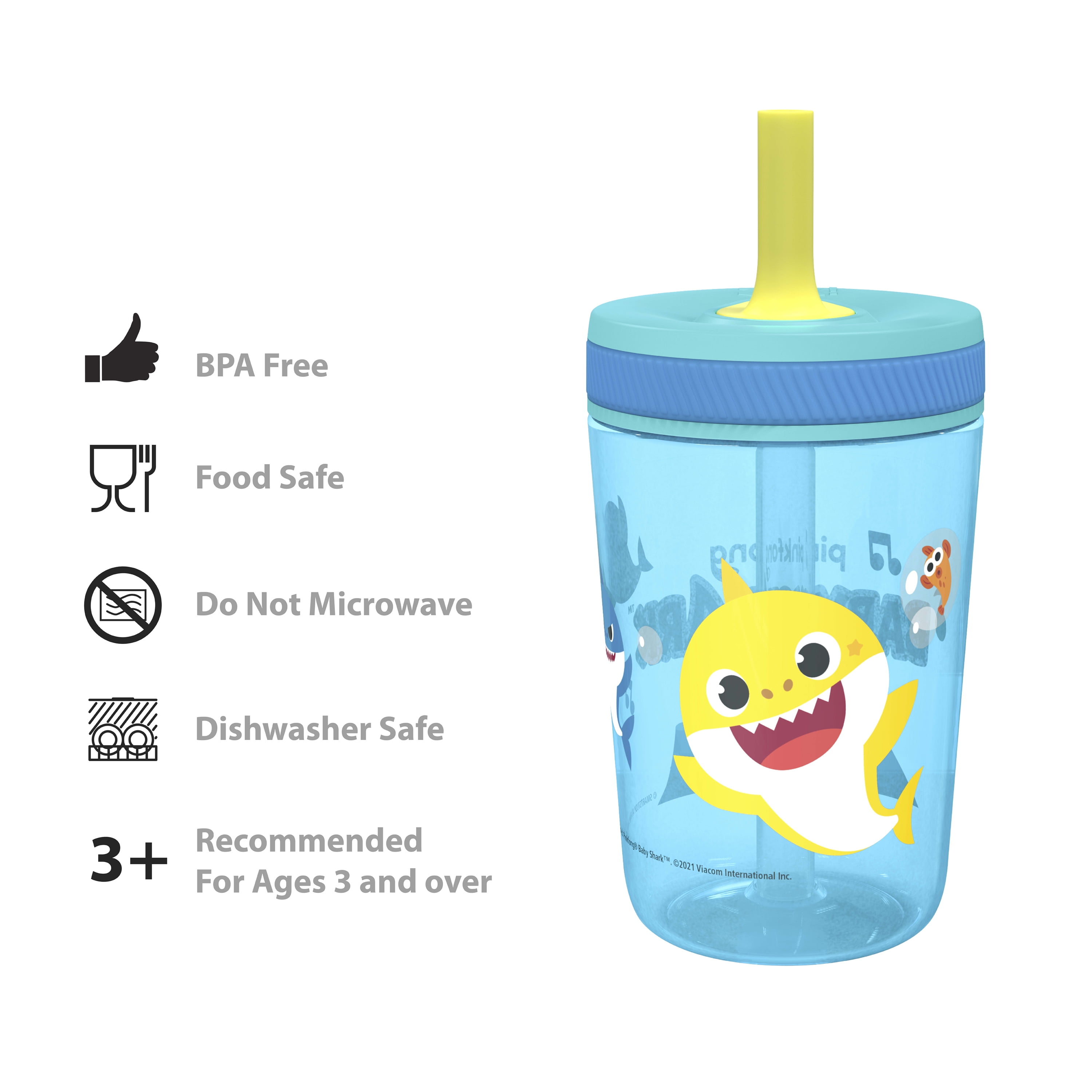 Zak Designs 15oz Baby Shark Kelso Travel Straw Tumbler Plastic and Silicone with Leak-Proof Valve for Kids, 2pcs Set, Baby Shark