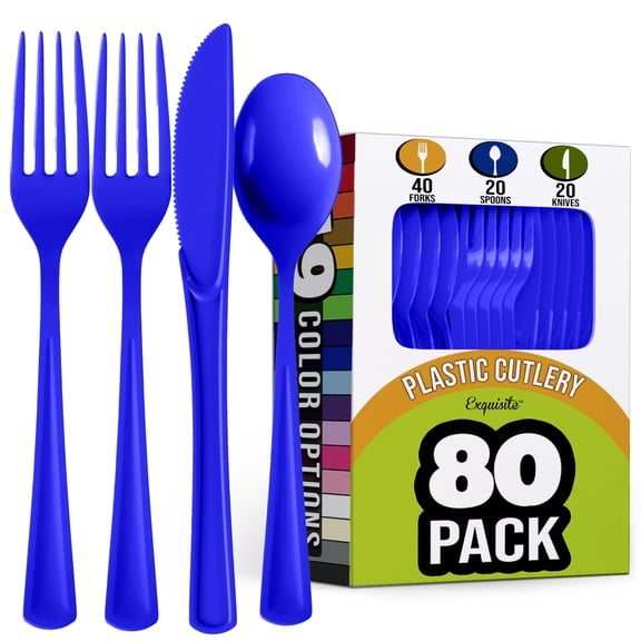 Exquisite Heavyweight Royal Blue Plastic Forks, Spoons & Knives Assortment, Medium Size, 24 Count