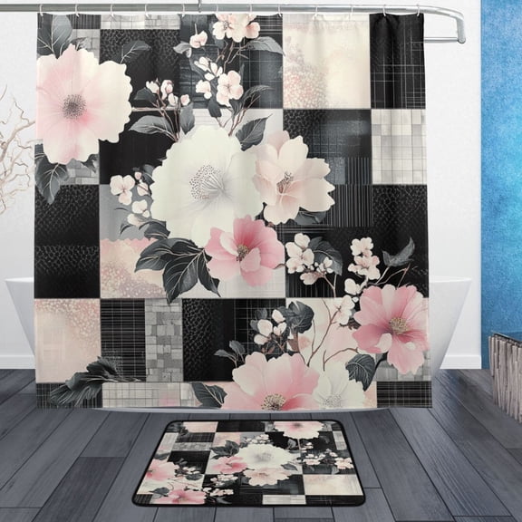 BZSMCE Shower Curtain and Bath Accessory Set,Chic Floral Patchwork Pattern