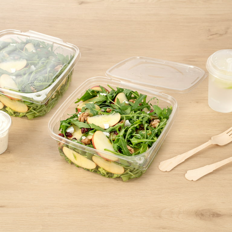 Tamper Tek 20 Ounce Rectangle Take Out Containers, 100 Durable Salad To-Go Boxes - Tamper-Evident, Freezable, Clear Plastic Salad Containers, Disposab