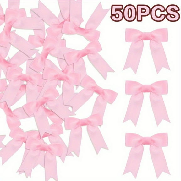 50 Pcs 3 Inch Light Pink Grosgrain Ribbon Bows, Pretied Twist Tie Bows for Gift Wrapping, Wedding Decorations and Party Treat Bags