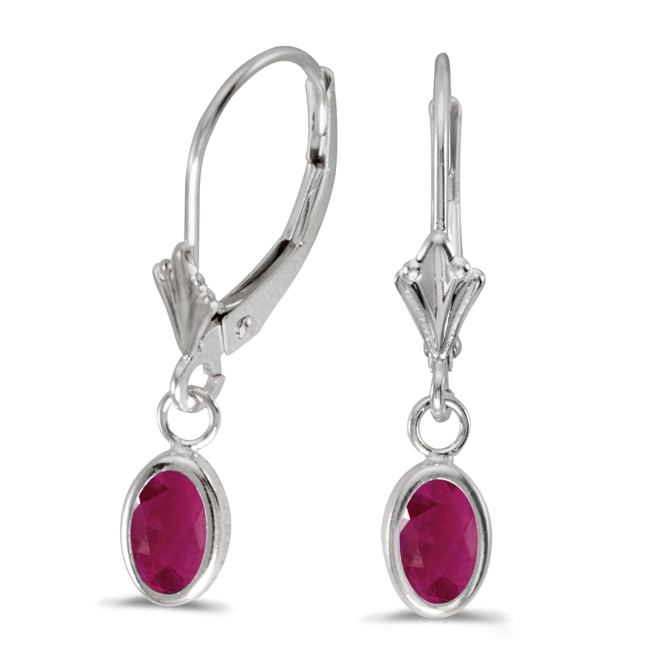 14k White Gold Oval Ruby Bezel Lever-back Earrings