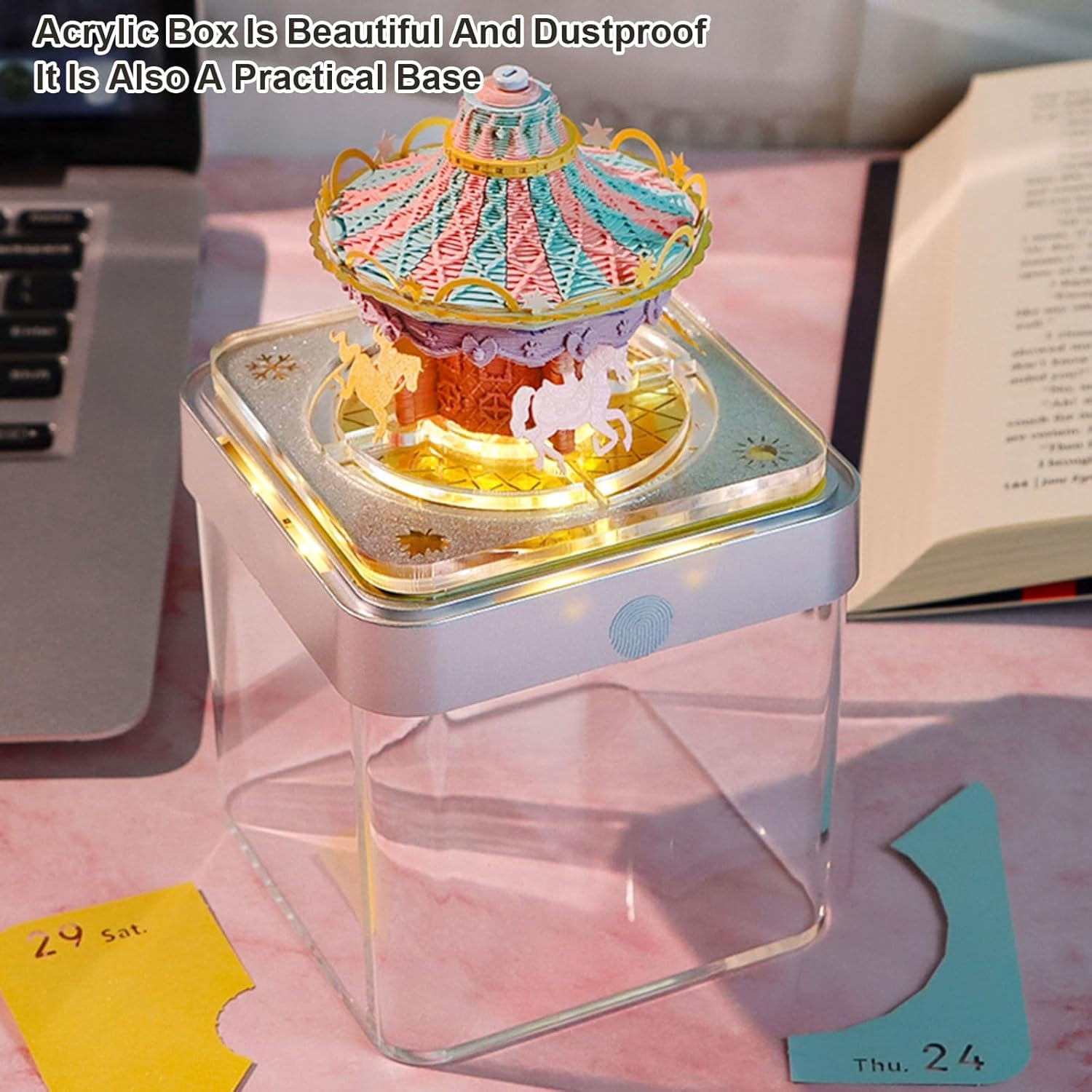 2026 Desk Calendar Carousel with Light, 3D Memo Pad Non-stick Post-it Notes School Office Home Stress Relief Calendar Best Gifts(Carousel)