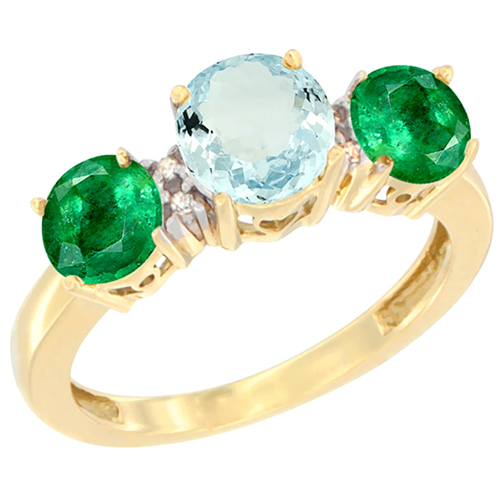 14K Yellow Gold Round 3-Stone Natural Aquamarine Ring & Emerald Sides Diamond Accent, sizes 5 10 by WorldJewels