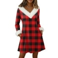 thumbnail image 2 of Women's Knit Dress Long Sleeve V-Neck Flannel Plaid Print Knee Length Dress with Pockets for Fall Casual Loungewear,Wine,2XL, 2 of 6