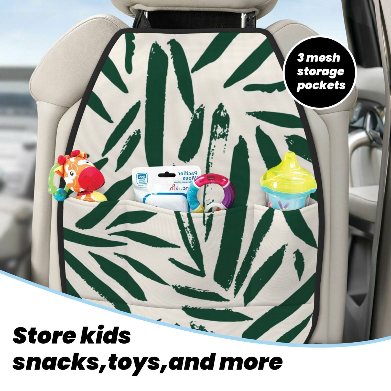 Kdxio Palm Branch With Leaves Print 2 Pack Car Kick Mat Seat Cover Back Protector Mat with Pockets for Organizer Backseat Protector and Storage Anti Kick Pad for Vehicles