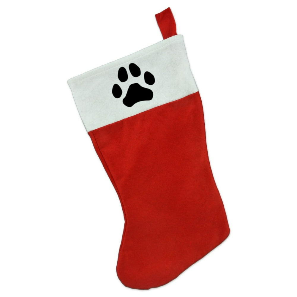 Paw Print Dog Cat White on Black Christmas Holiday Felt Stocking