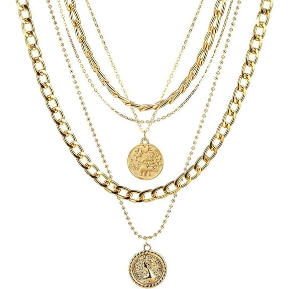 Layered Gold Pirate Necklace for Women, Chunky Chain Coin Pendant Necklace, 80s 90s Vintage Pirate Costume Jewelry Accessories