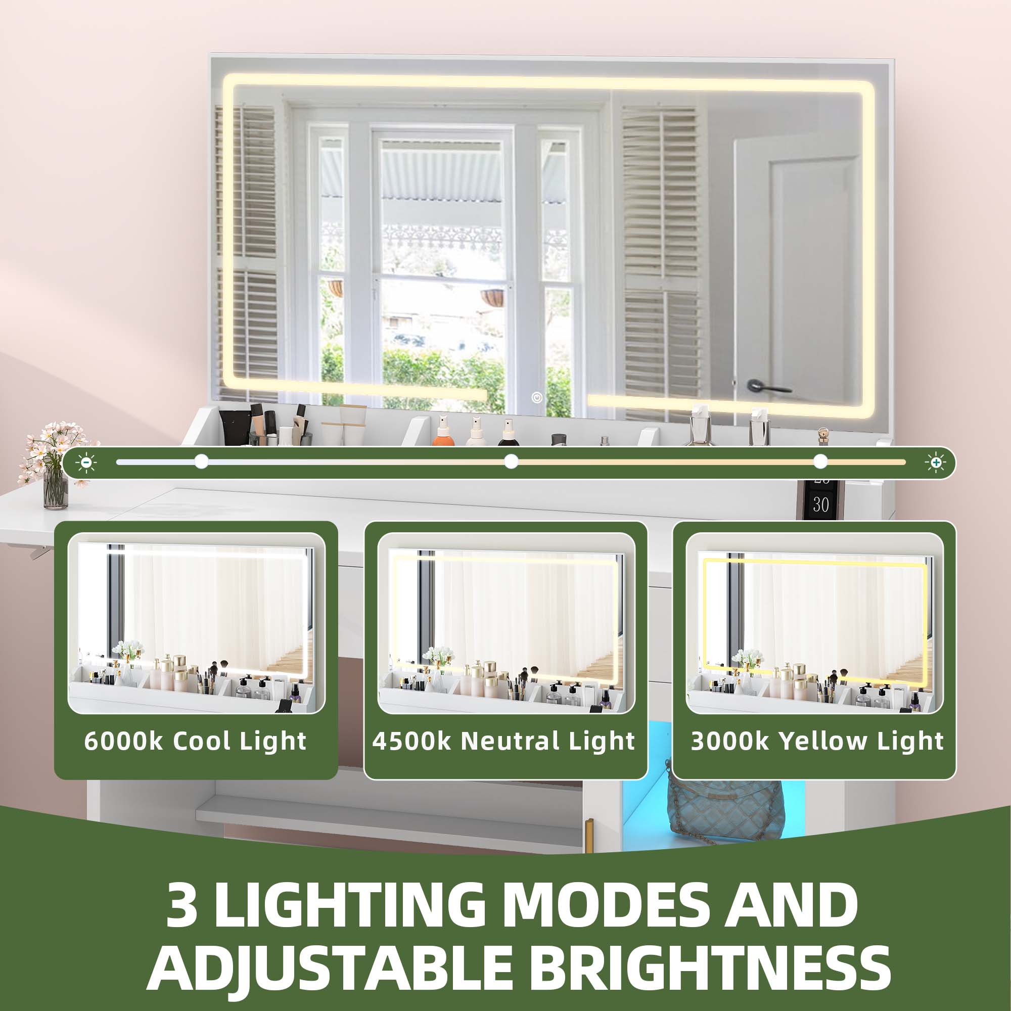Uforic White Vanity Desk with LED Light Mirror & Power Outlet , Makeup Vanity with Extral Foldable Panel, Vanity Table with RGB Cabinet for Bedroom