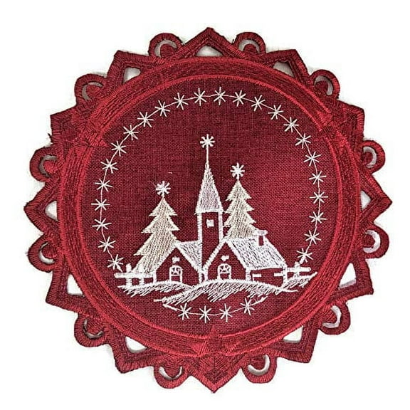 Doily Boutique Christmas Round Doily with Reindeer and Church on Red Burlap Linen Fabric Size 7 inches