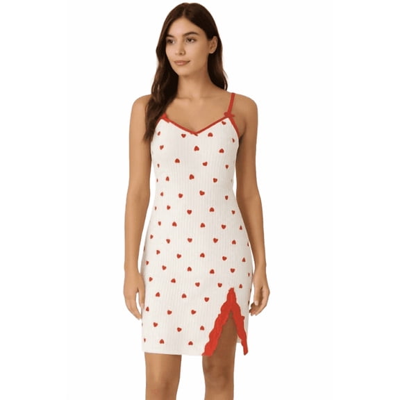 Women's Heart Print, Lace Trim Sleep Dress, Red - Medium