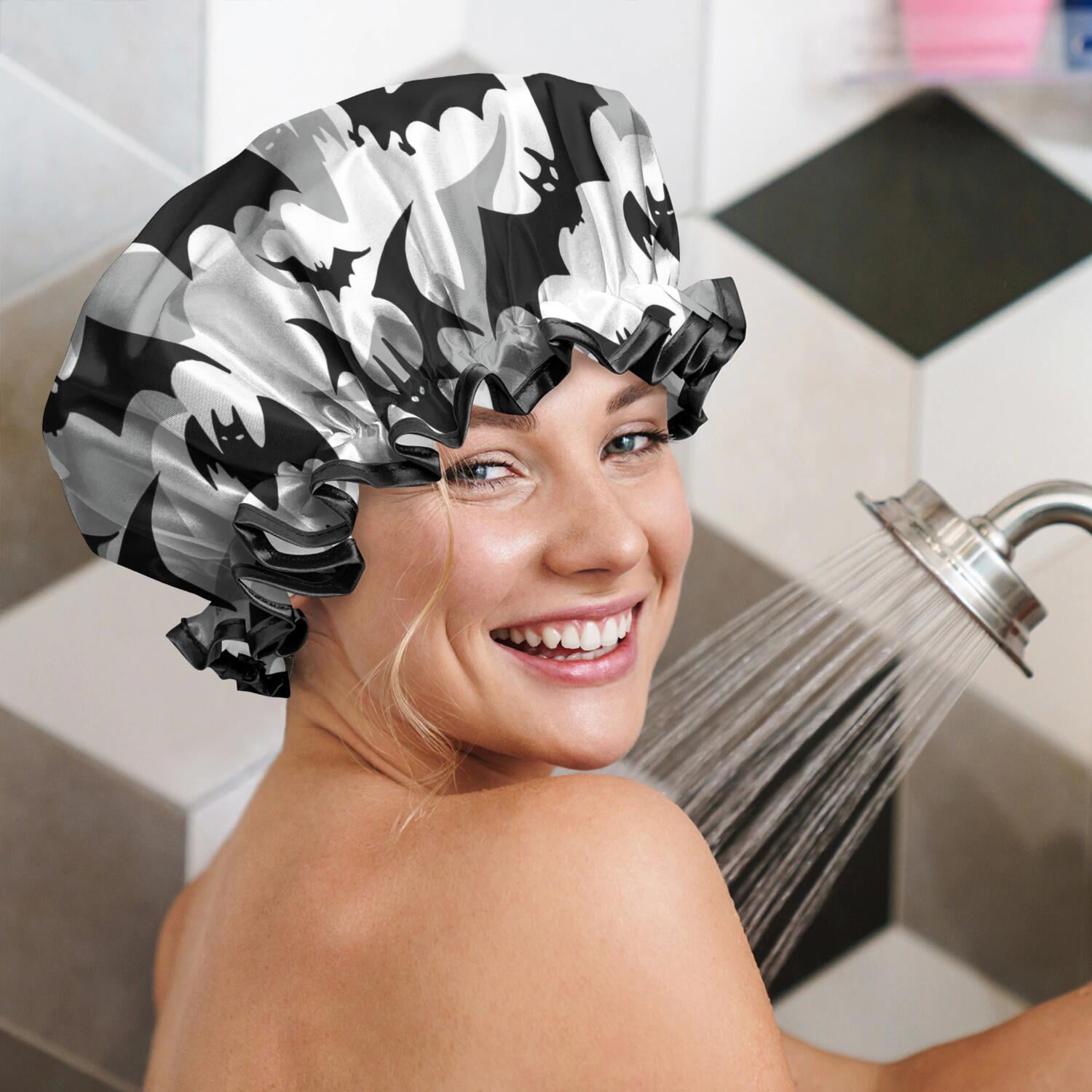 Shower Caps,Black and Gray Halloween Bats Waterproof Shower Cap for Women 4 Pieces,Double Reusable Hair Cover for Shower PEVA Elastic Stretch Hem