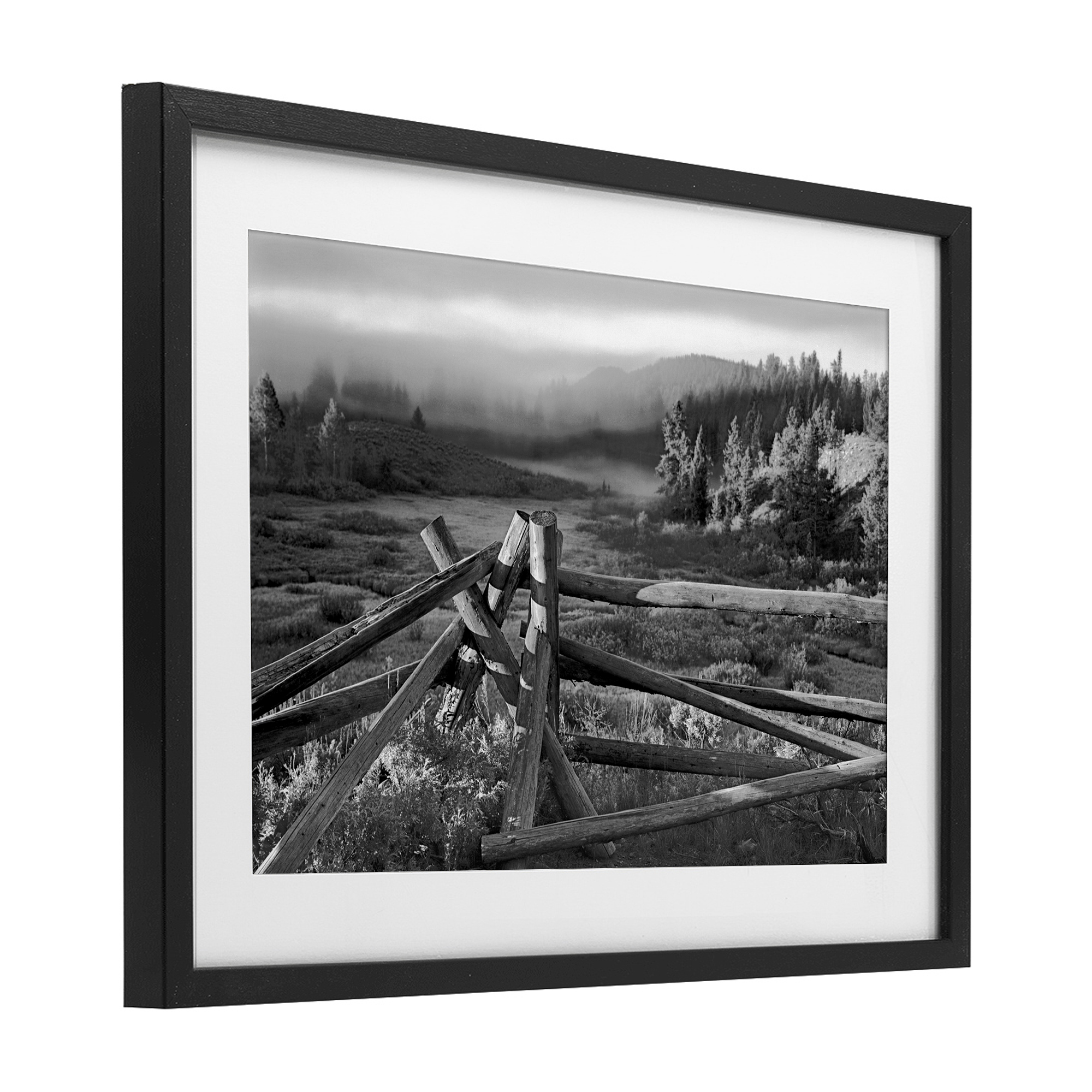 Grand Tetons Fence Beyond Black Framed Print Under Glass, design by MJ Photography