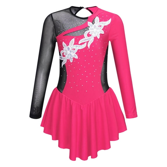 CHICTRY Kids Girls Sparkly Rhinestone Dance Leotard Mesh Floral Sequins Splice Dancewear Figure Ice Skating Dress