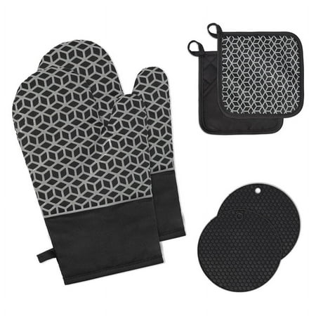 

Oven Gloves Set Pot Holder Glove Heat Resistant 300°C Oven Gloves Black Silicone and Cotton Non- Cooking Gloves