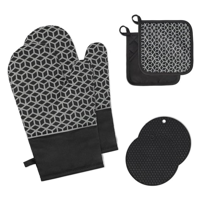 Juego de Guantes para Horno Guantes para Sujetar Ollas Resistentes Al 300 °C Guantes para Horno Guantes de Cocina Antideslizantes de Silicona y AlgodóN Negros