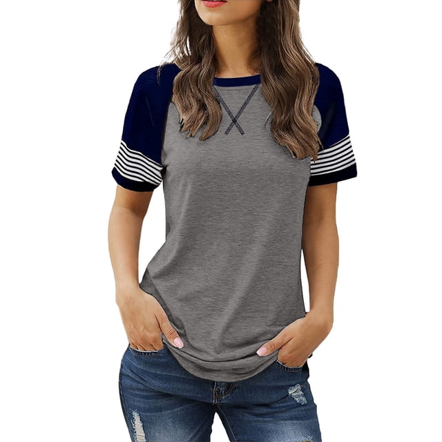 Vente Chaude! T-Shirts Basiques pour Femmes Uooqdmx, Chemise Rayée pour Femmes, Hauts à Blocs de Couleur pour Femmes, T-Shirt à Col Rond Ample et Décontracté, Chemises à Manches Courtes pour Femmes, Gris m