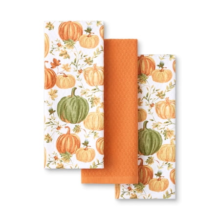 MARTHA STWEART Autumn Harvest Pumpkins Kitchen Towel 3-Pack Set 100% Cotton with Absorbent Terrycloth Decorative Kitchen Towels Orange/Green/Ivory 16 x28