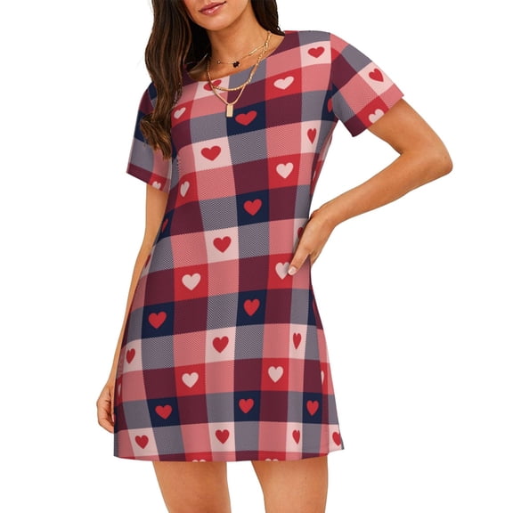 Honeii Heart Plaid Print Women's Loose Short Sleeve Nightgown, Soft Cotton Sleepwear, Comfy Loose Fit Pajama Dress for Sleep and Lounge