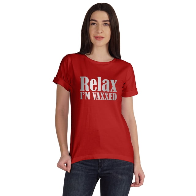 Inkmeso T-shirt pour Femmes Relax I'm Vaxxed à Encolure Dégagée, Drôle, Pro-Vaccin