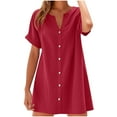 thumbnail image 2 of Women's Utility Shirt Dress Casual Cotton Linen V Neck Button Down Dress Loose Short Sleeve Mini Dresses, S-2X, 2 of 8