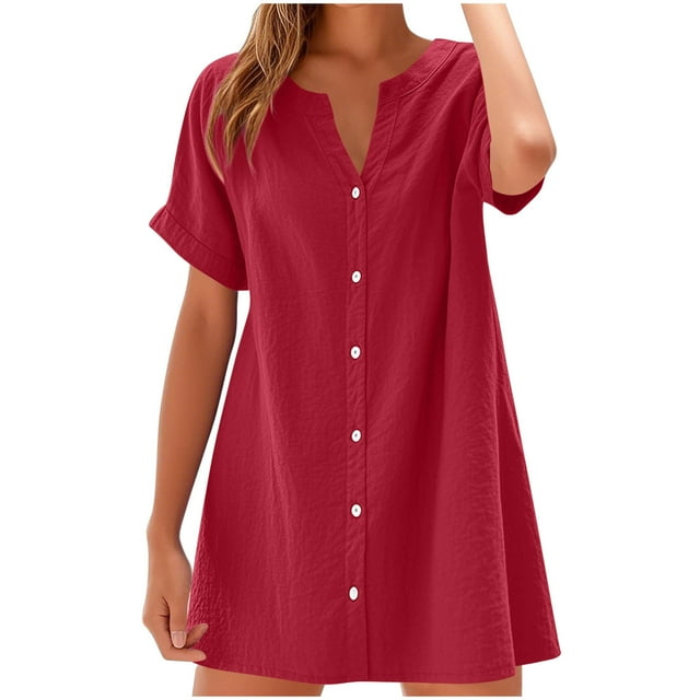 Mgmyaa Robe Chemise Mini pour Femmes et Plus, Col en V, Manches Courtes, Robe de Plage d'Été